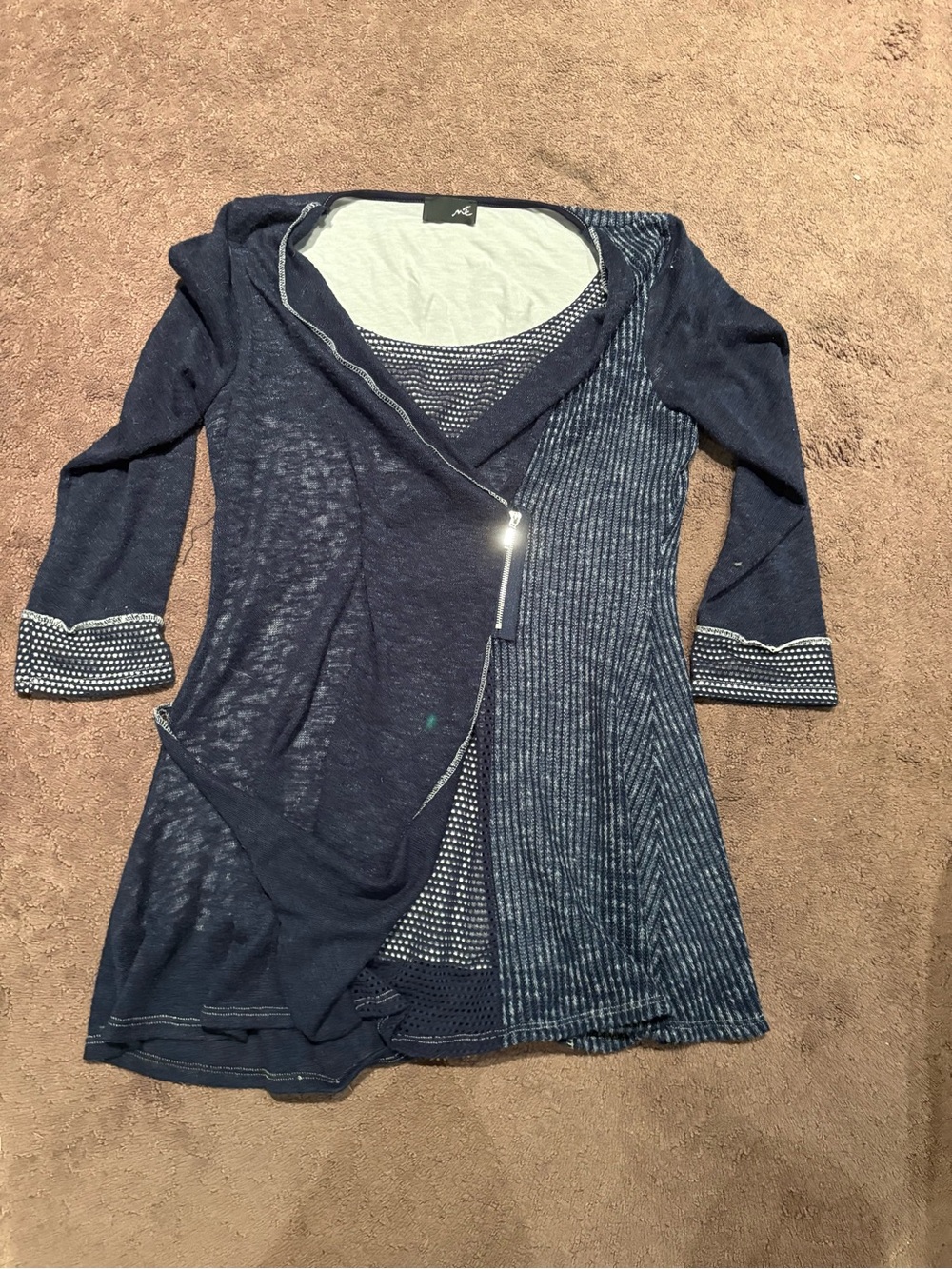 Navy Mixed-Texture Women's Zip Front Top